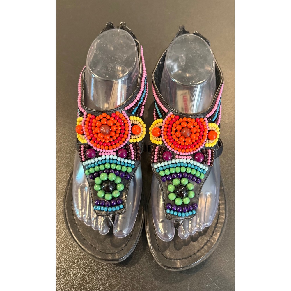 Unionbay Womens‎ 8 Sandals Black Multi Color Beaded Bohemian Thong Back Zip Flat